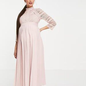 NWT US 10 Little Mistress MATERNITY midaxi dress BLUSH PINK lace mock neck NEW